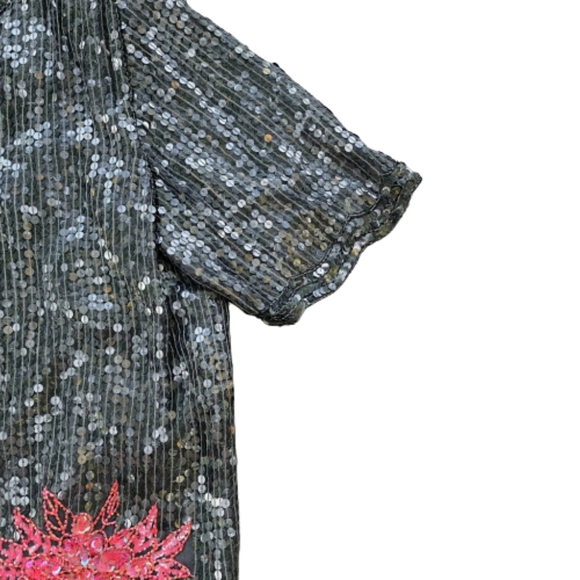 Womens XL Black Sequin Beaded Red Floral 100% Silk Glamourcore Mob WifeTop - Picture 2 of 8